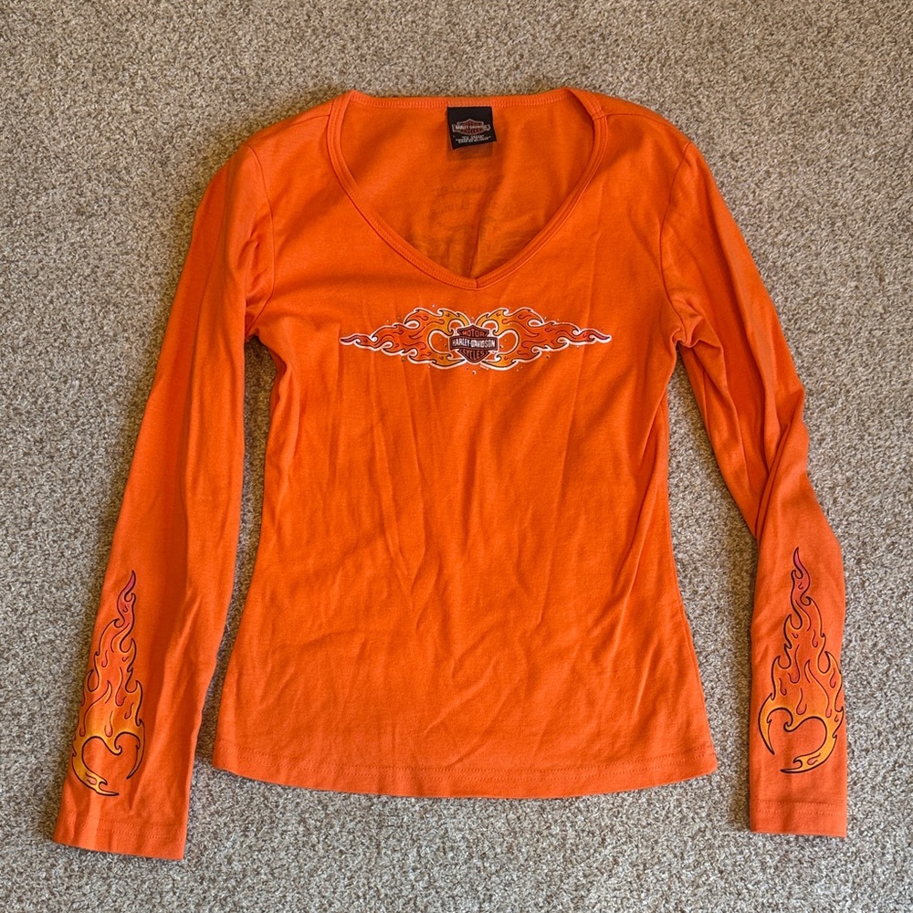 Harley-Davidson Orange Long Sleeve Top with Flame Design